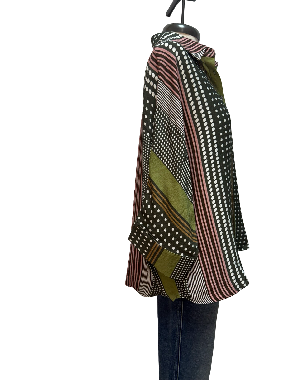 Stripe & Polka Dot Print Button Up Top Olive