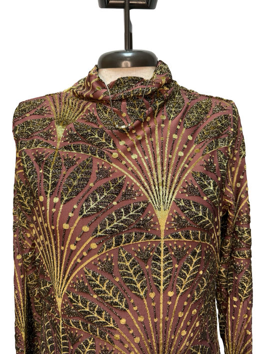 Metallic Botanical Mock Neck Knit Top Mauve