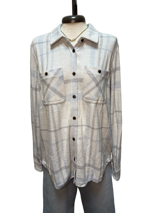White, Gray, & Light Blue Plaid Button Up