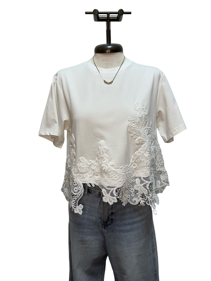 Round Neck Lace Hem Detail Top White