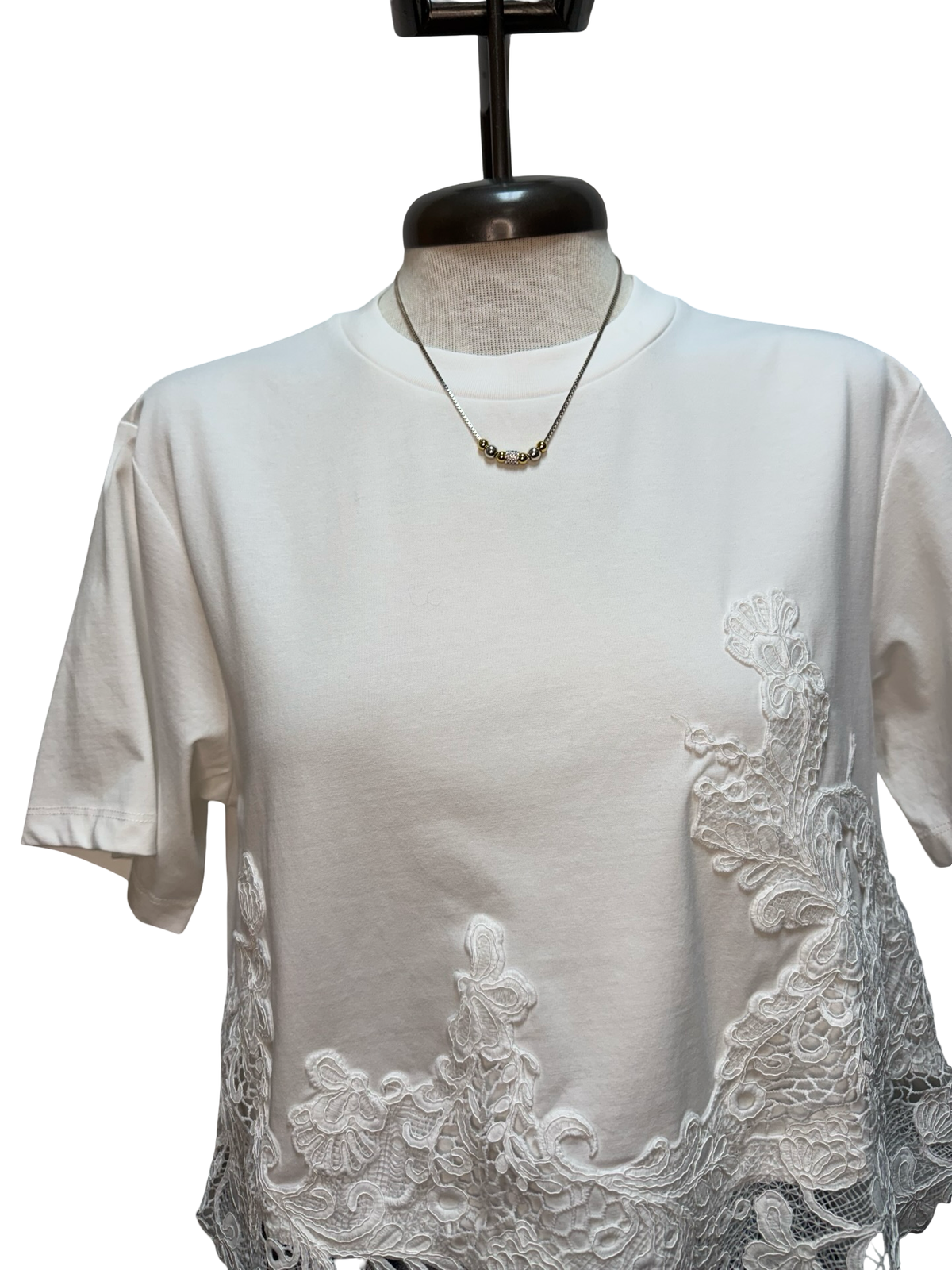 Round Neck Lace Hem Detail Top White