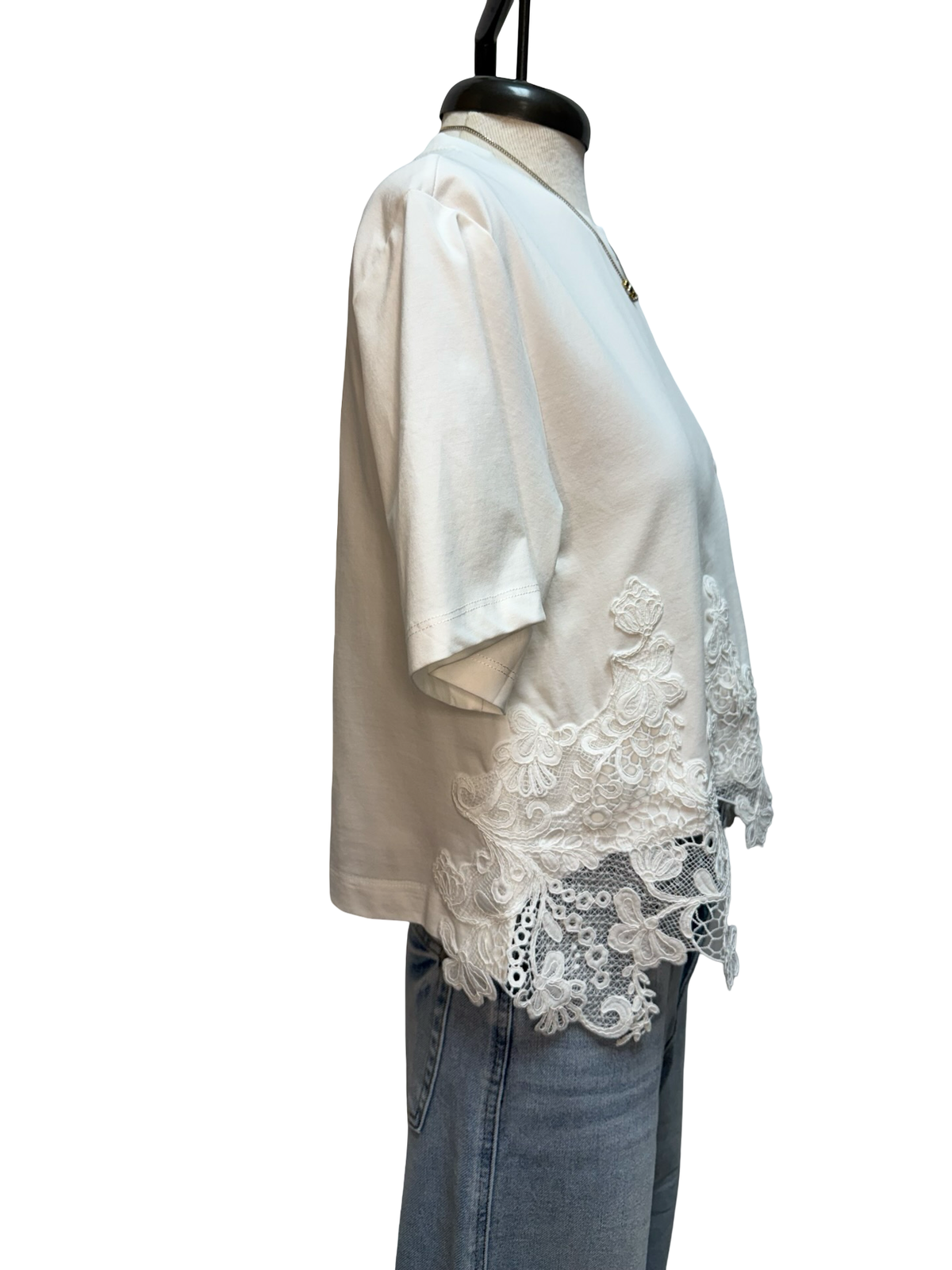 Round Neck Lace Hem Detail Top White