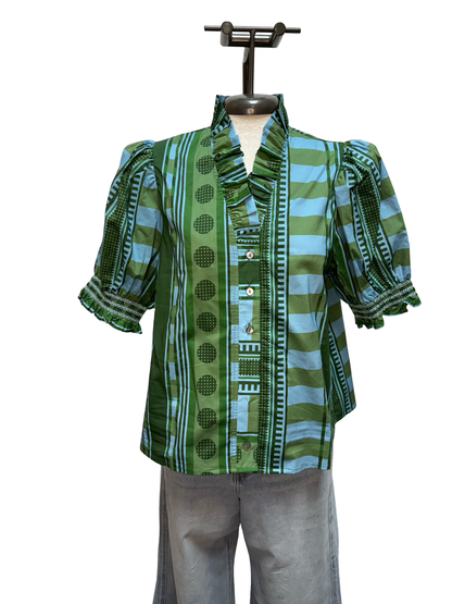 Print Short Sleeve Ruffle Neck Top Olive
