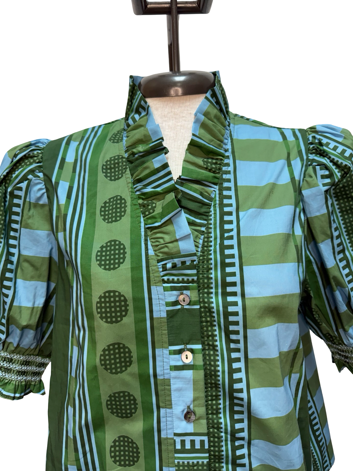 Print Short Sleeve Ruffle Neck Top Olive
