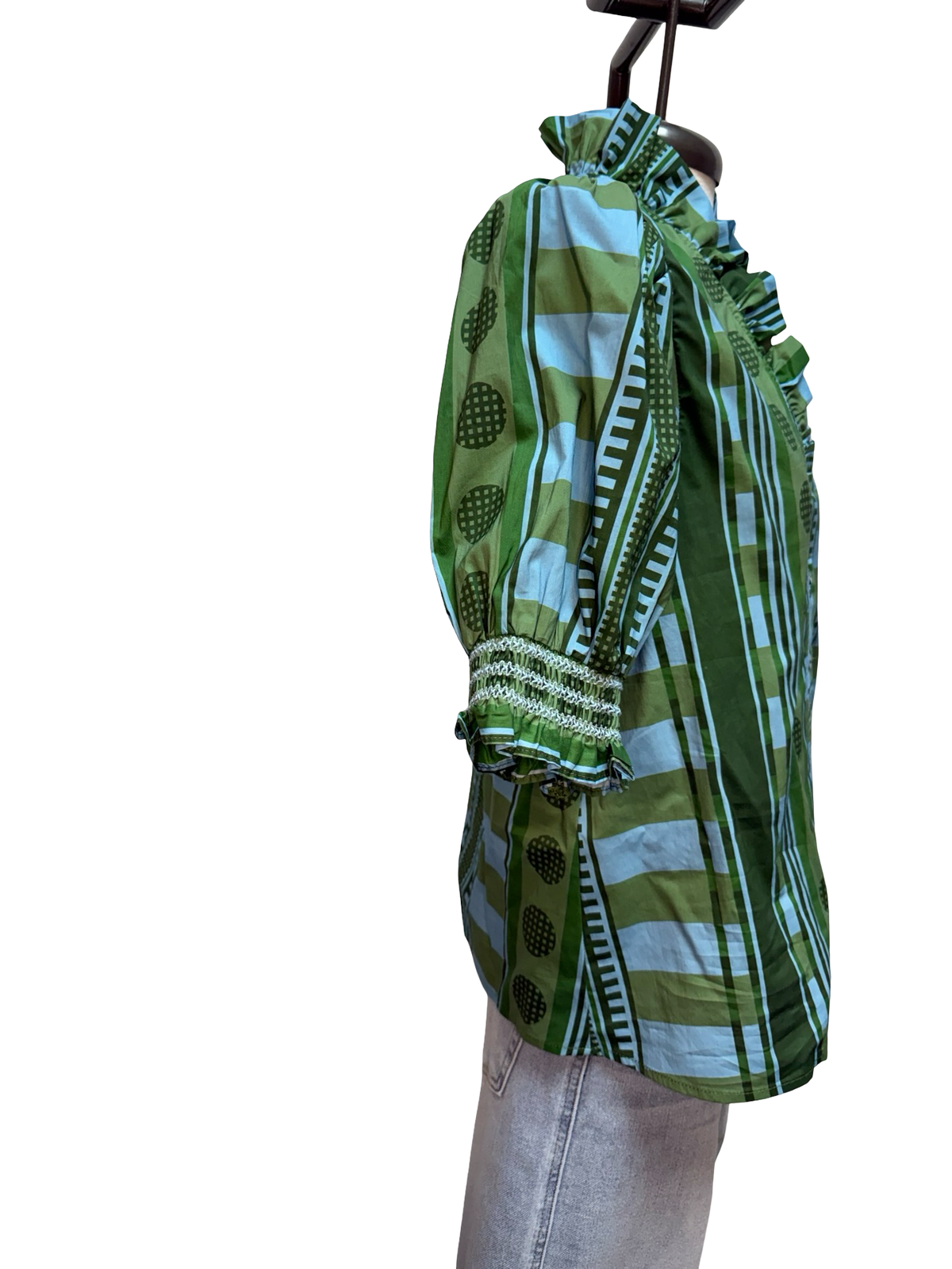 Print Short Sleeve Ruffle Neck Top Olive