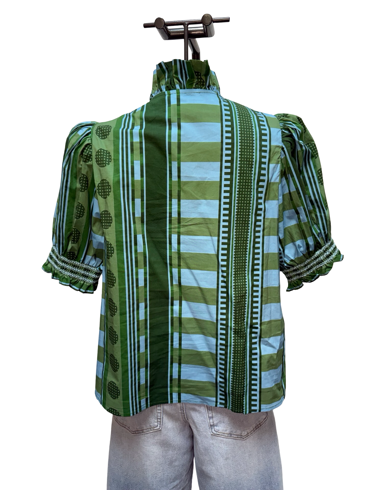 Print Short Sleeve Ruffle Neck Top Olive