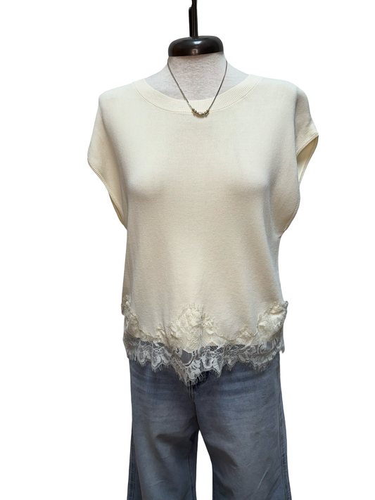 Cap Sleeve Knit Lace Trim Hem Top Cream
