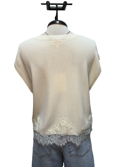 Cap Sleeve Knit Lace Trim Hem Top Cream