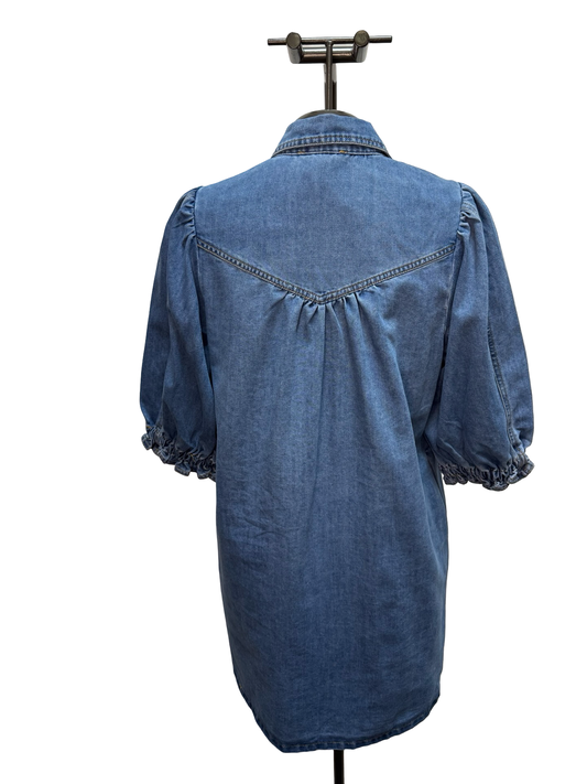 Button Down Puff Sleeve Denim Mini Dress
