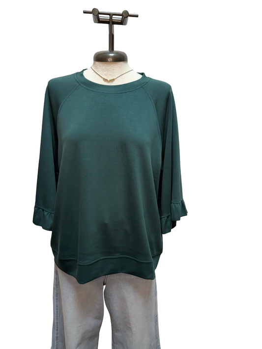 Luxeknit Round Neck Ruffle Sleeve Top Forest Green