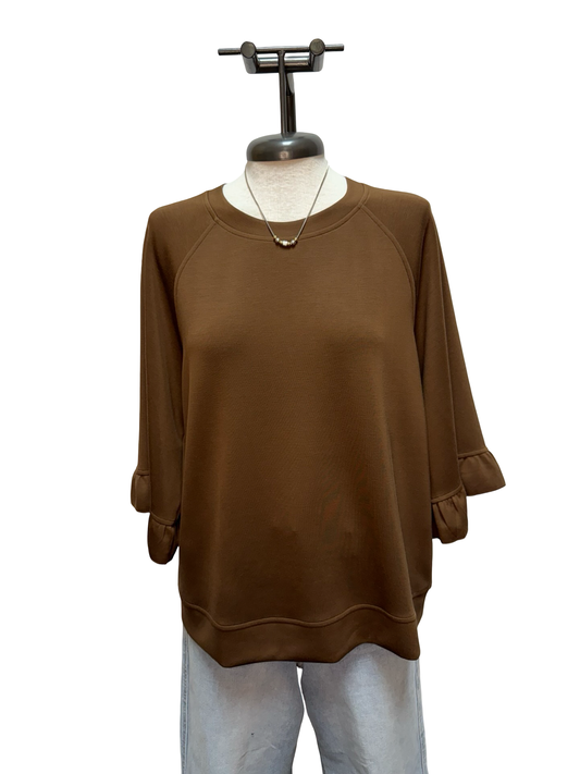 Luxeknit Round Neck Ruffle Sleeve Top Coco Brown