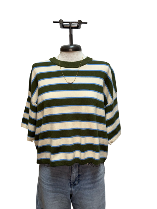 Striped Short Sleeve Round-Neck Knit Top Olive