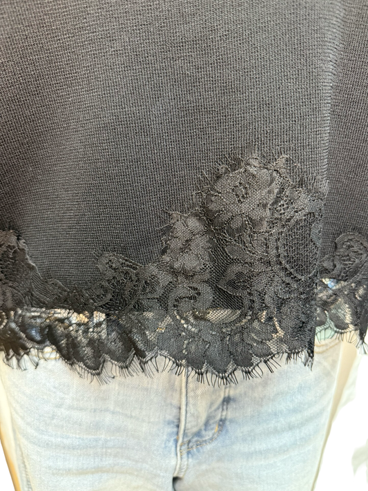 Cap Sleeve Knit Lace Trim Hem Top Black