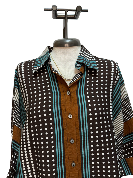 Stripe & Polka Dot Print Button Up Top Brown