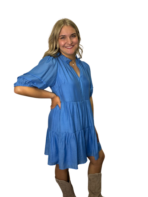 Shiny Tiered Blue V Neck Dress