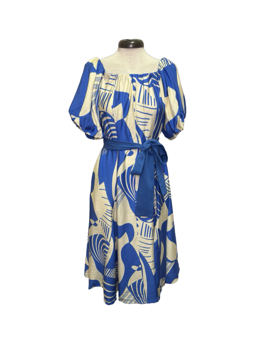 Blue Deco Flared Midi Dress