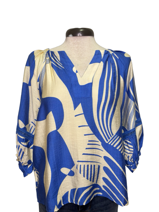 Blue Deco Trimmed Peasant Top