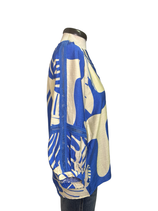 Blue Deco Trimmed Peasant Top