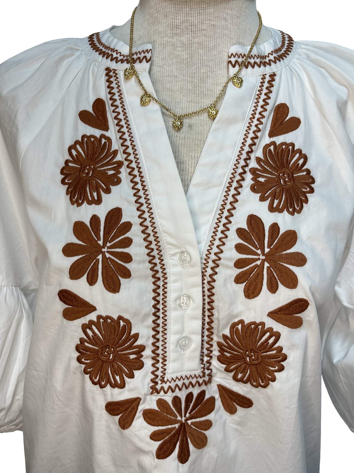 Embroidered Front Button Top Off White