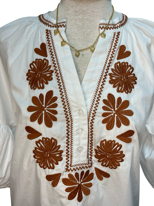 Embroidered Front Button Top Off White