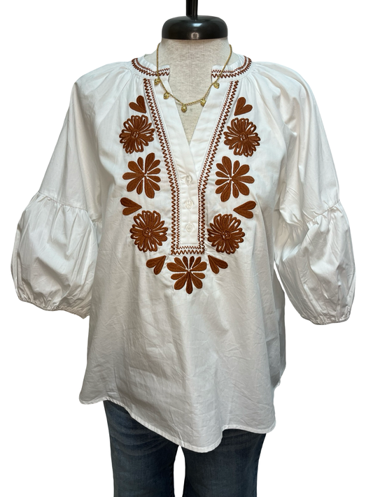 Embroidered Front Button Top Off White