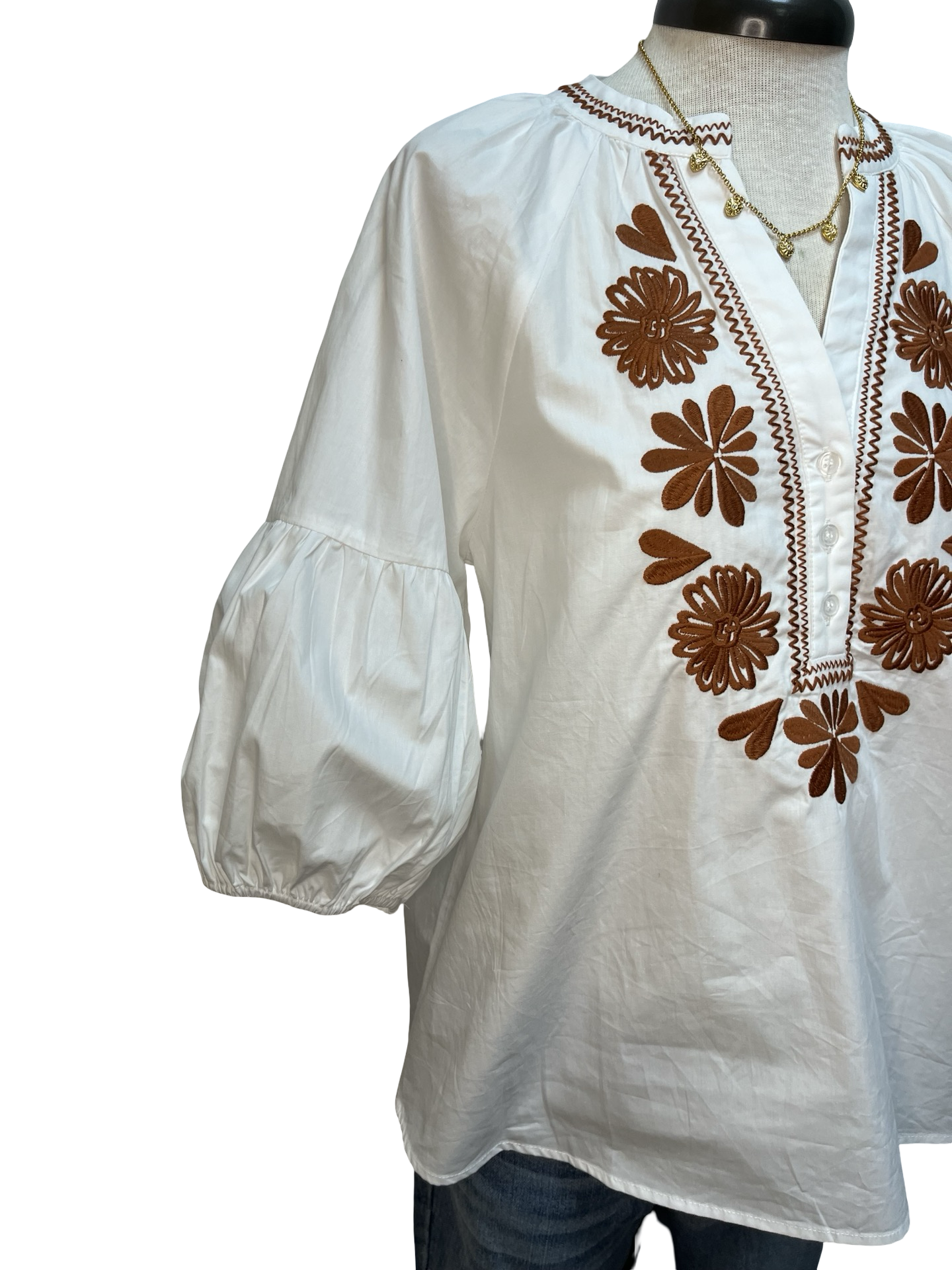 Embroidered Front Button Top Off White