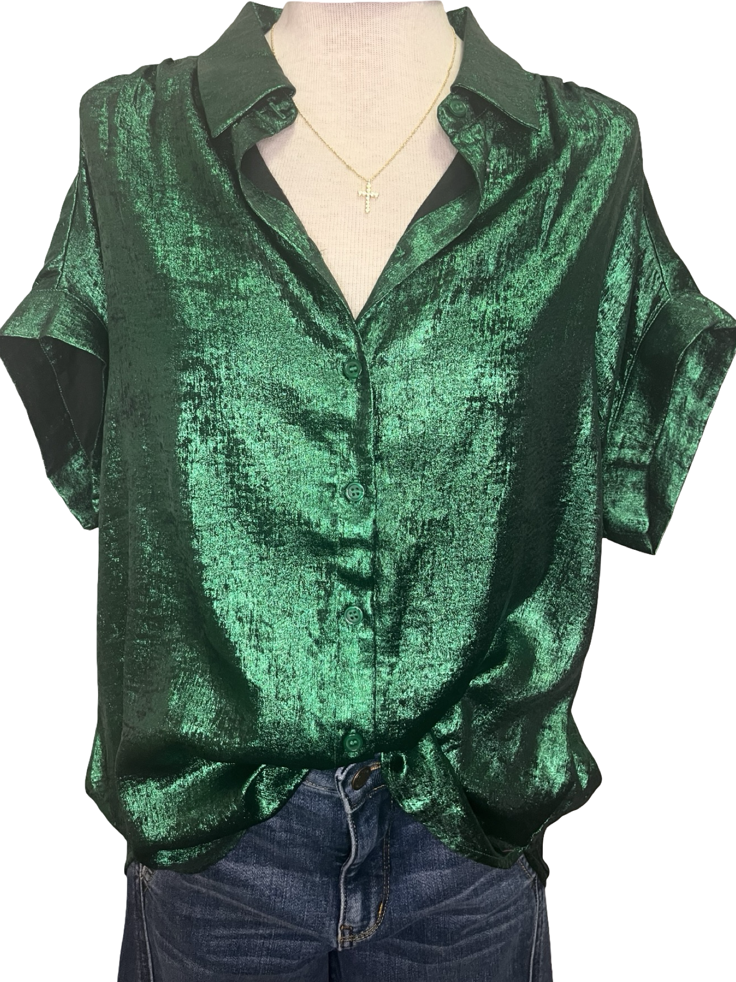Metallic Green Button Up Top