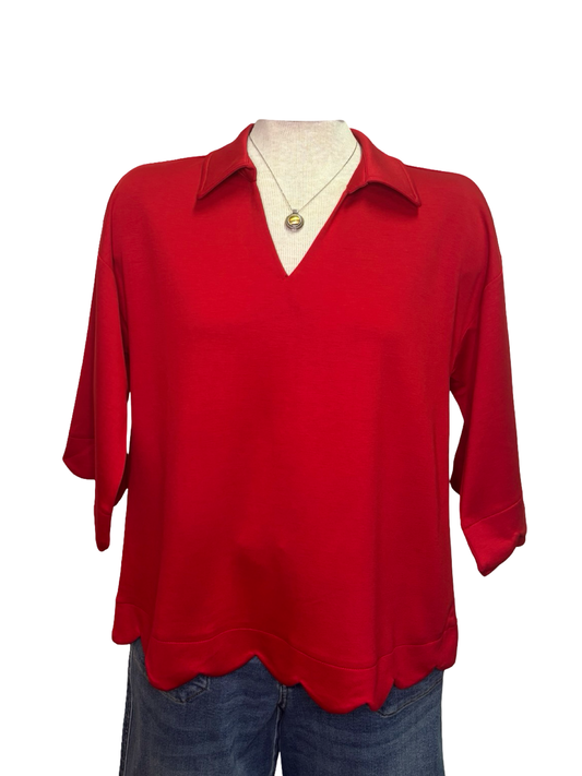 Scallop Edge V Neck Top Red