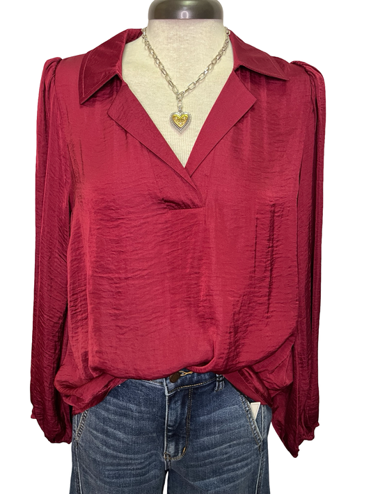 Textura V Neck Blouse Burgundy
