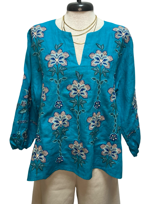 Boheme Split Neck Linen Blouse Lake Blue