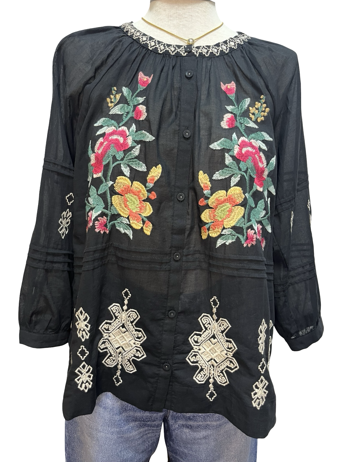 Pintuck Raglan Button Up Sunnie Black
