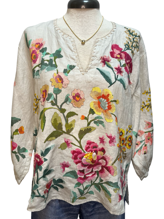 Split Neck Linen Blouse Ecru Miraze