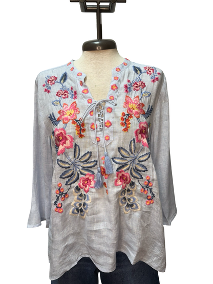 Lirielle Tie Front Blouse Blue Slub Linen