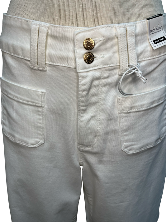 Judy Blue HW Wide Crop Front Patch Pockets White Jean