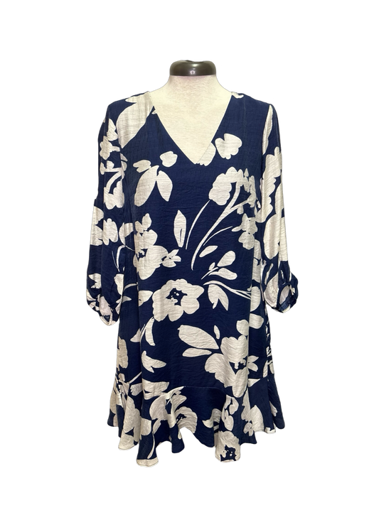 Bishop Sleeve V Neck Dress Navy/Ivory