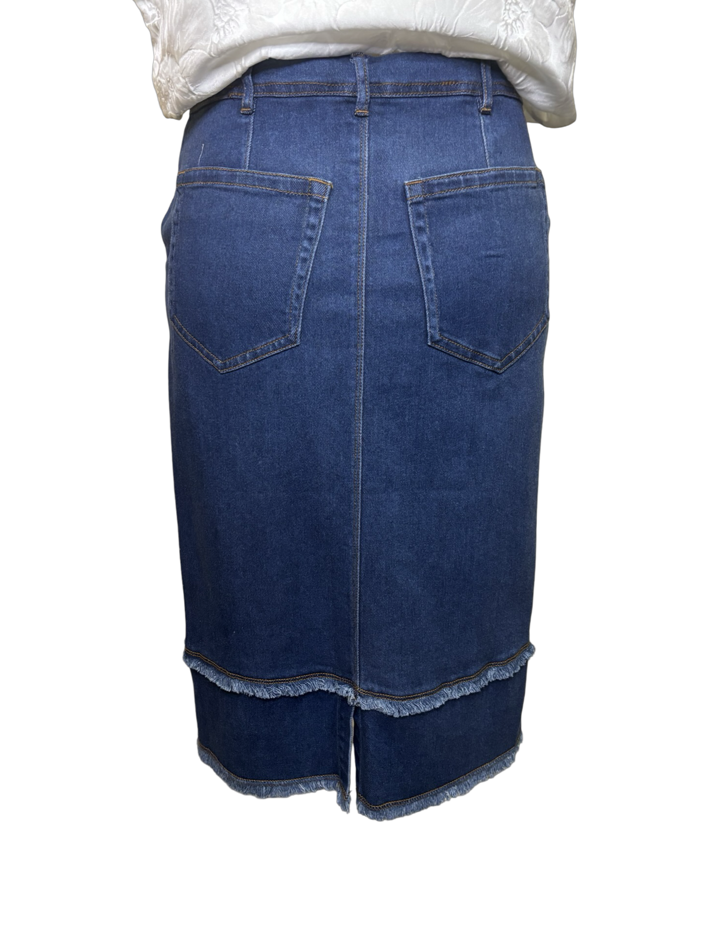 Evelina Fringed Denim Pencil Skirt