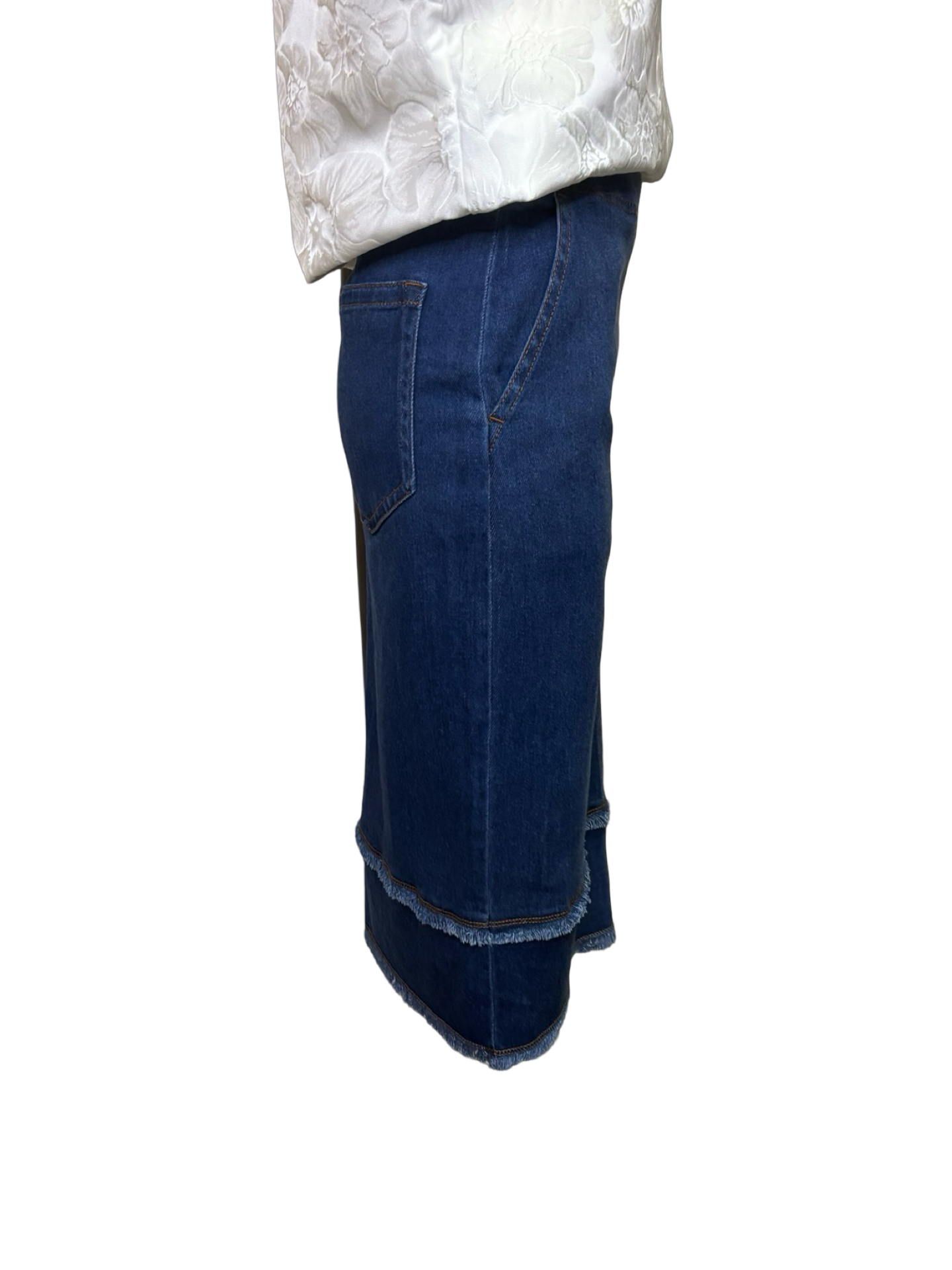 Evelina Fringed Denim Pencil Skirt