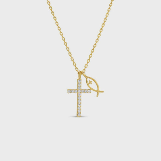 Cubic Zirconia Cross Necklace with Ichthus Fish Charm Gold