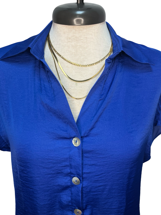Drop Shoulder Button Up Blouse Capri Blue