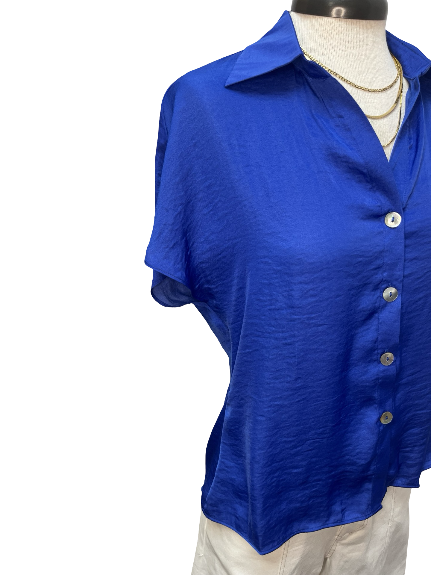 Drop Shoulder Button Up Blouse Capri Blue