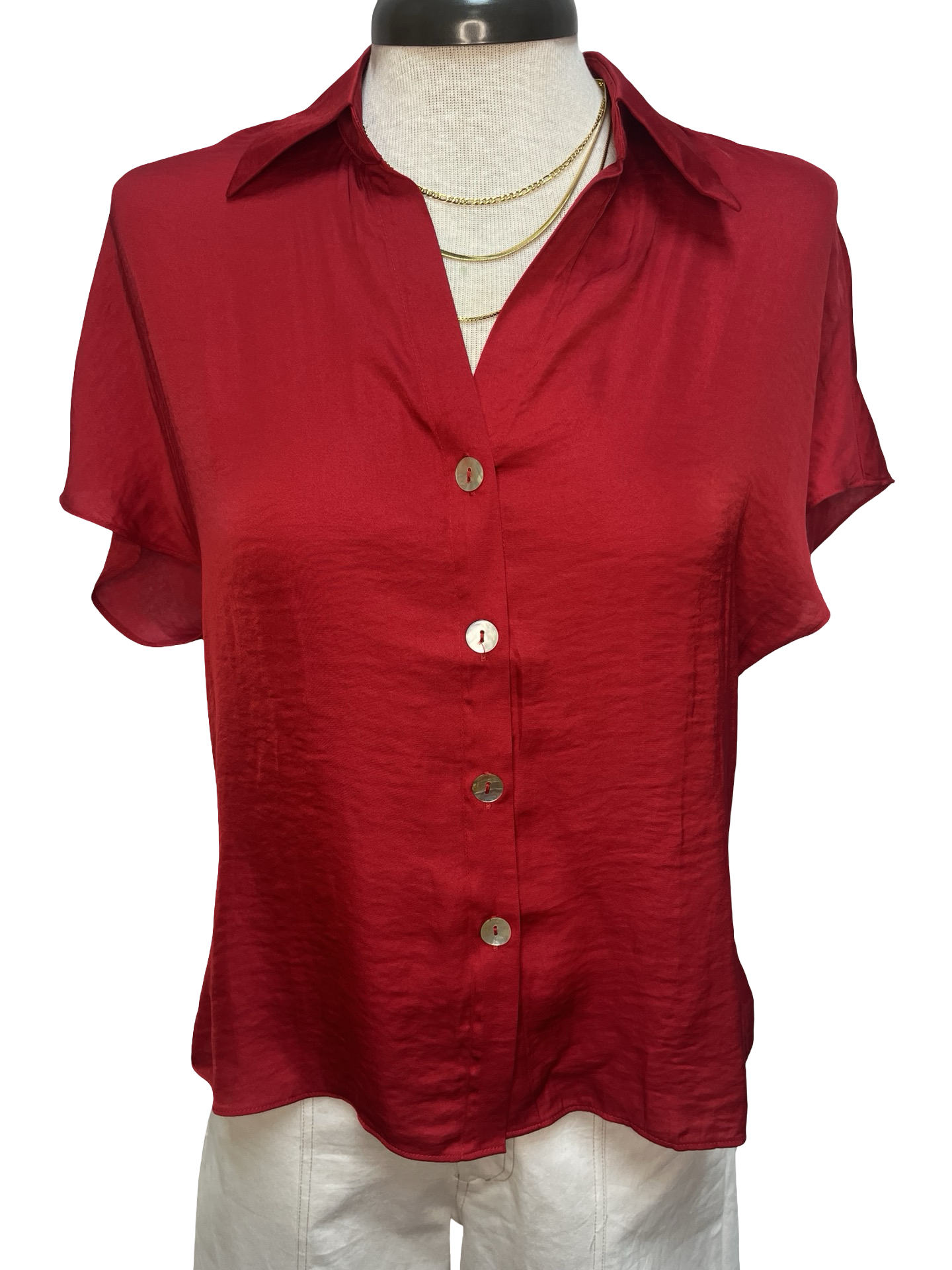 Drop Shoulder Button Up Blouse Red