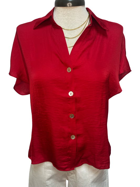 Drop Shoulder Button Up Blouse Red
