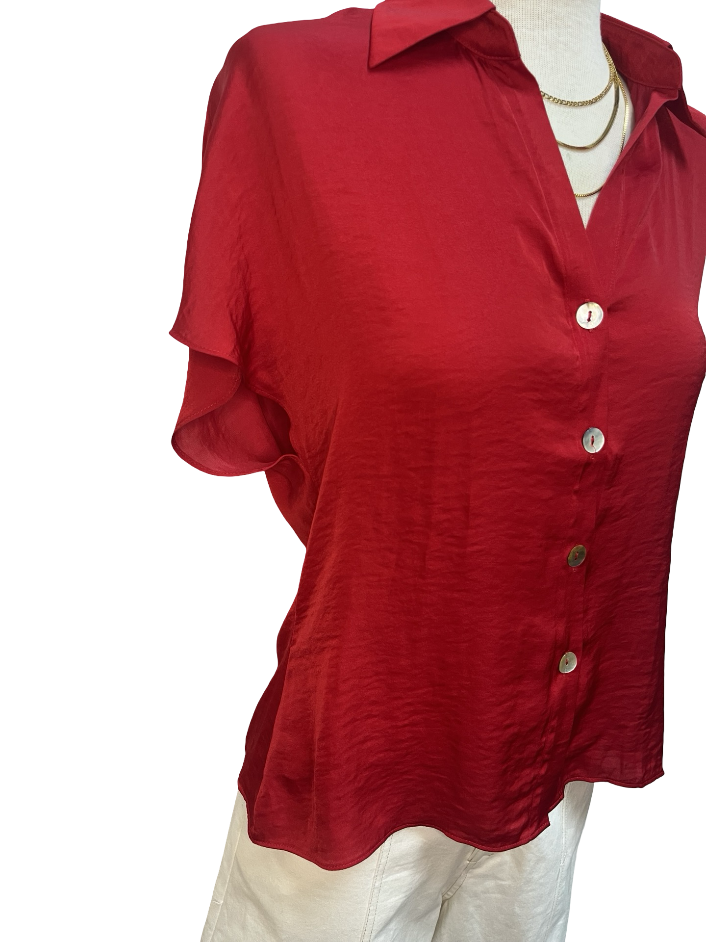 Drop Shoulder Button Up Blouse Red