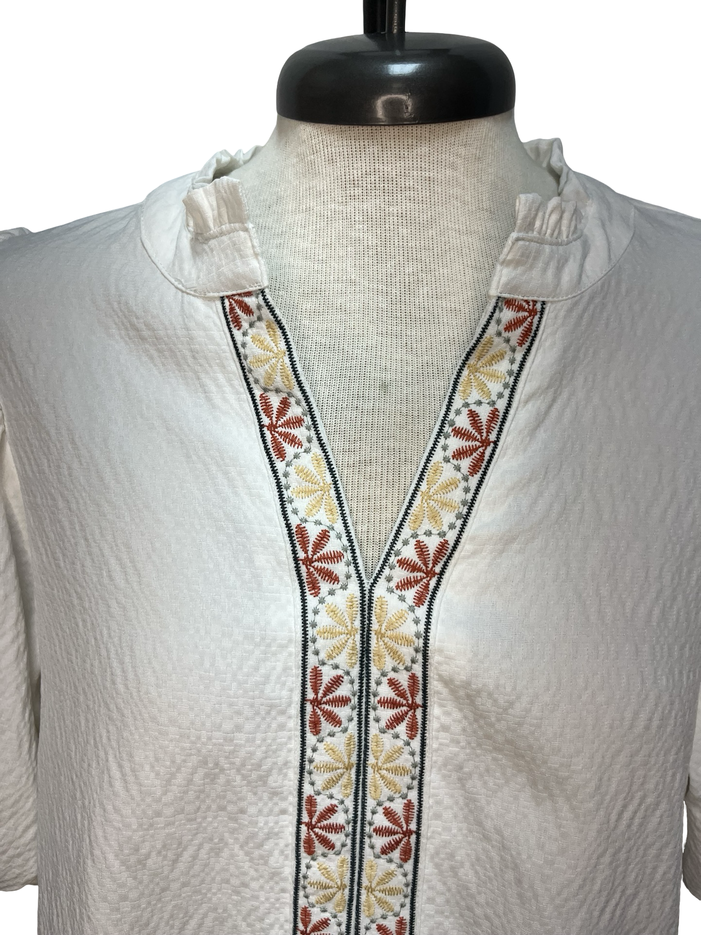 Floral Embroidered Placket Top White