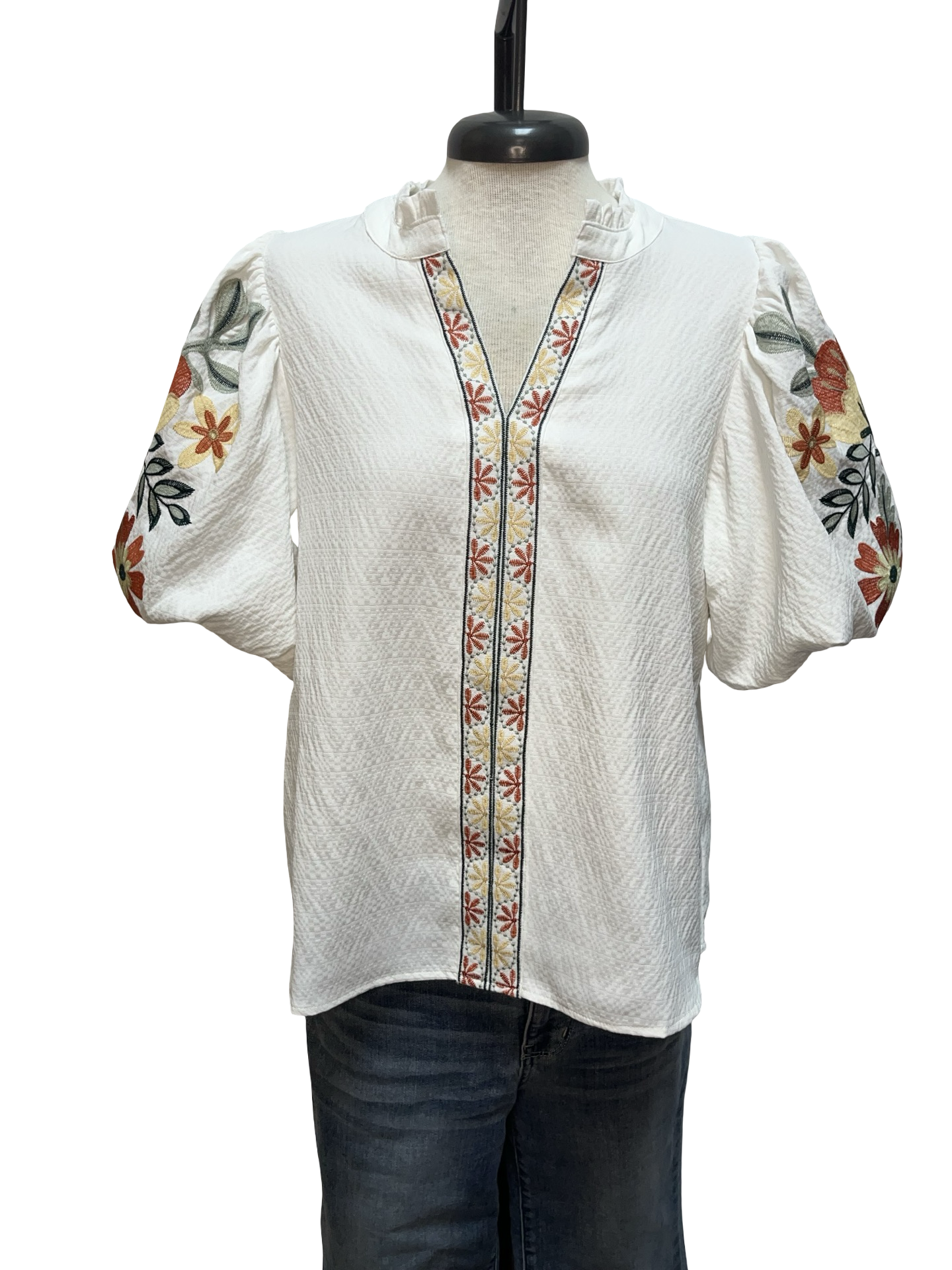 Floral Embroidered Placket Top White