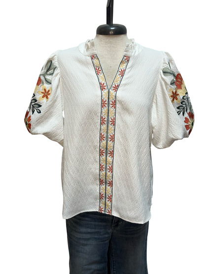Floral Embroidered Placket Top White