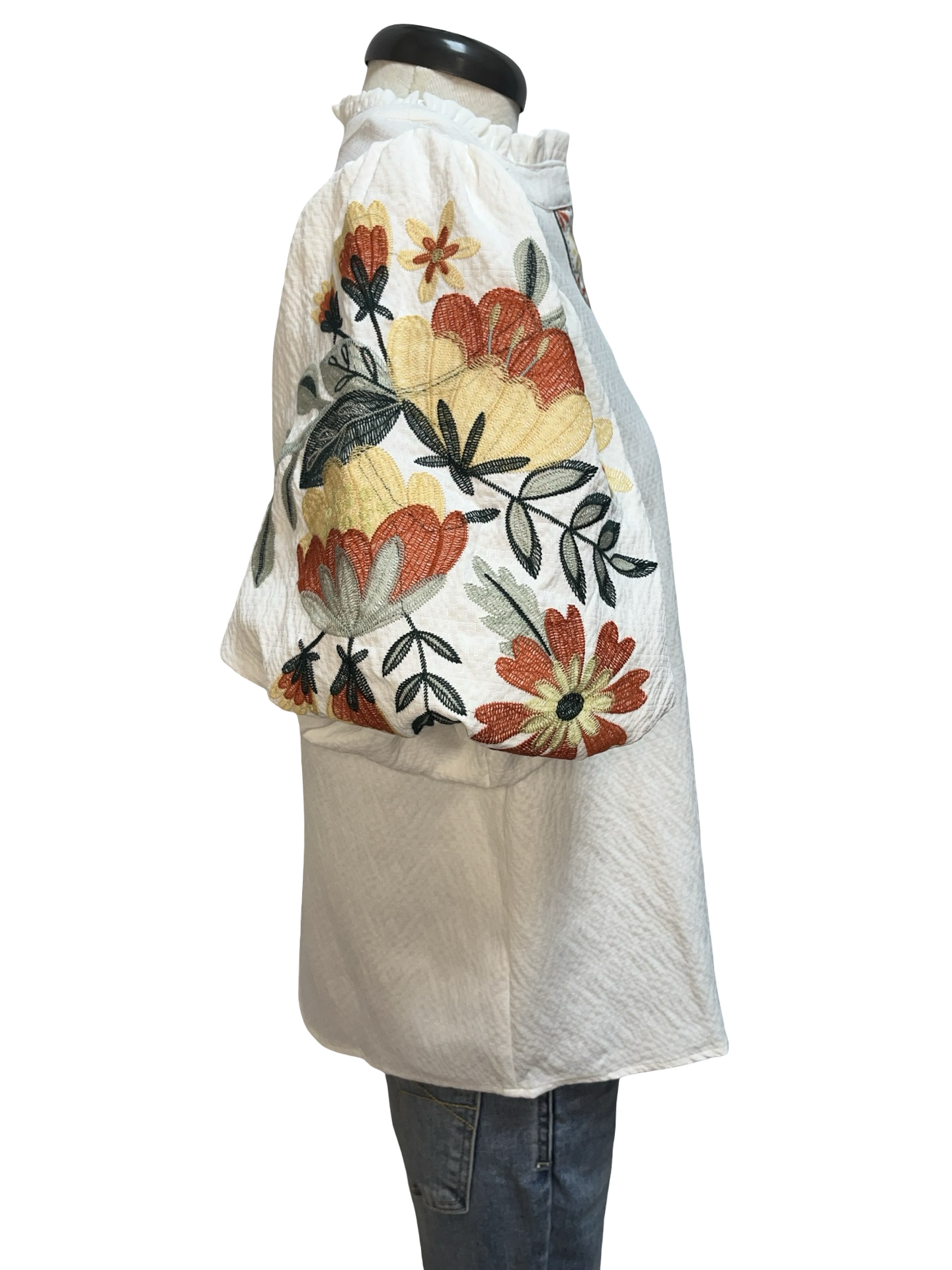 Floral Embroidered Placket Top White