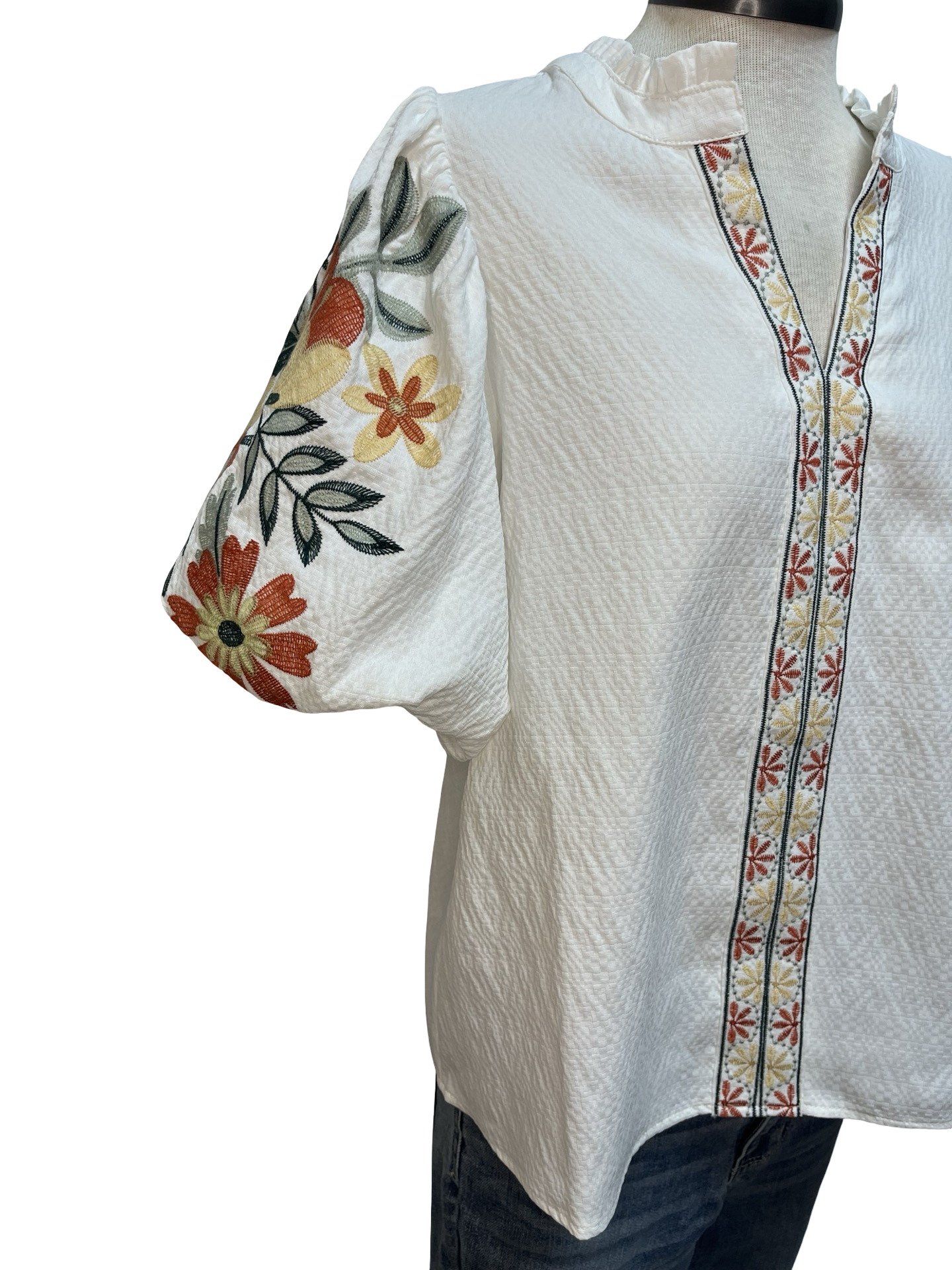 Floral Embroidered Placket Top White