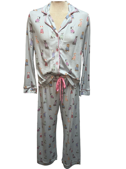 Doggone Cold Dog Print Pointelle PJ Pant Set Blue Haze