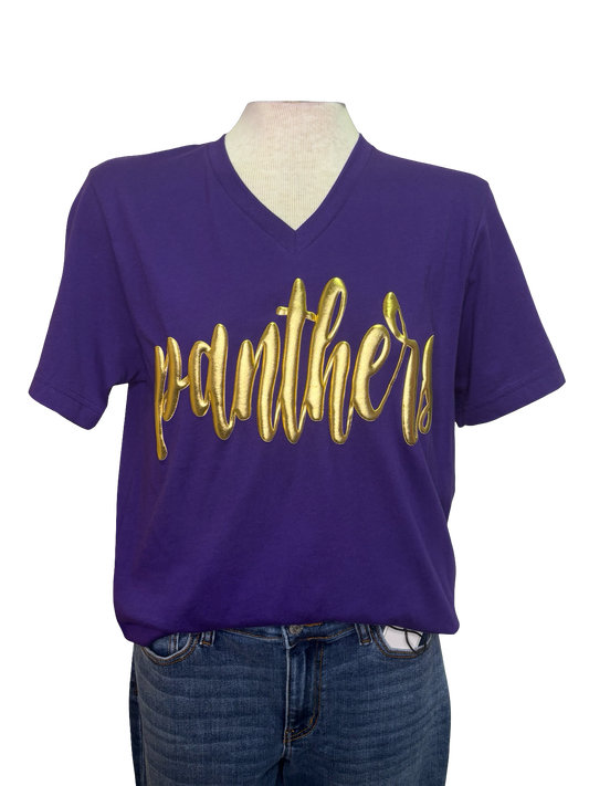 Panther Script Metallic Puff V Neck Tee